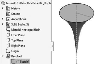 An illustration of a top with a sharp vertex with the axis of symmetry highlighted. A menu on the left shows the sketch 1 option under the Revolve 1 drop-down menu.