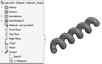 An illustration of a section of spring with thick spirals. A menu on the left shows the sketch 1 options under the Sweep 1 drop-down menu.