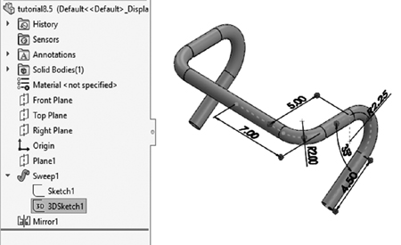 An illustration of a horizontal rod with perpendicularly downward bent at 35 degrees on both ends. One half of the rod measures 7.00 till the bend and the perpendicular bend measures 5.00. The downward extending end measures 4.50. A menu on the left shows the 3 D sketch 1 option selected from the Sweep 1 drop-down menu.