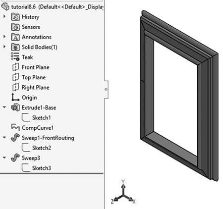 An illustration of a photo frame with a thick three-layered frame. A menu on the left shows the sketch 1, 2, and 3 options from the Extrude 1 Base, Sweep 1 front routing and Sweep 3 dropdowns respectively.