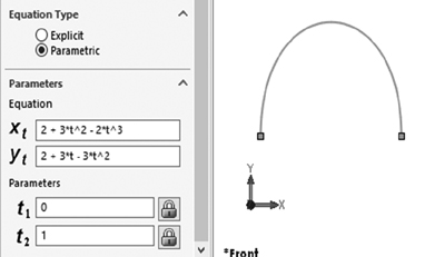 An illustration of a curve in the shape of an arch. A pop-up menu displays the Parametric radio button and the parameters displaying the equation x t, y t, t 1, and t 2.