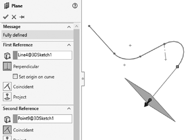 An illustration of a spline curve from a straight line. The spline end is attached to a plane with an arrow pointing on the other side of the plane. A menu on the left displays the message, first reference, and second reference drop-down menus.