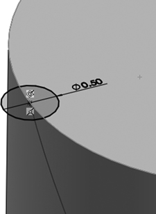 An illustration of the curved edge of a curved block. The tip is circled and labeled 0.50 angle
