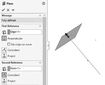 An illustration of a line passing through the center of a plane. A plane menu shows the message, first reference, and second reference drop-down menus.