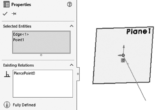 An illustration of plane 1 with a line passing at the center. A properties pane on the left shows the selection entities and existing relations drop-down menus.