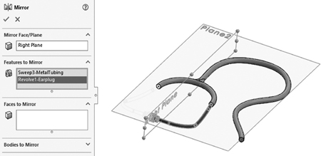 An illustration of a stethoscope placed on plane 2. Another perpendicular front plane passes at the center. A mirror menu on the left shows the mirror face or plane dropdown with the right plane selected and the features to mirror drop down with revolve 1 earplug option selected.