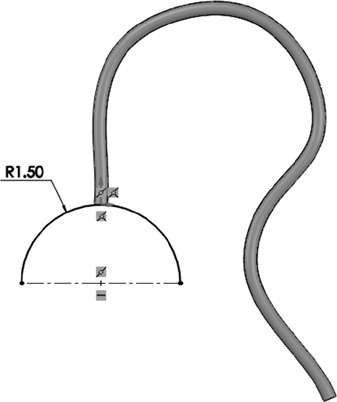 An illustration of the stethoscope's tube from the top of a semi-circle. The semi-circle is labeled R 1.50.
