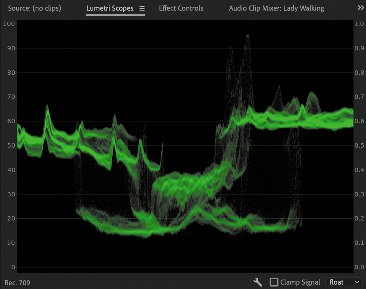 A screenshot of the Lumetric Scopes panel showing the RGB waveform corresponding to the Lady walking image against a smoky background.