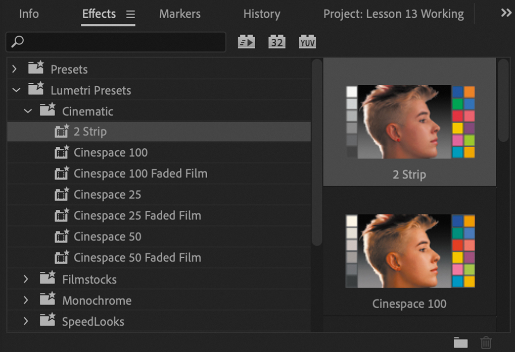 A screenshot of the Effects panel listing the Cinematic effects under Lumetri presets.