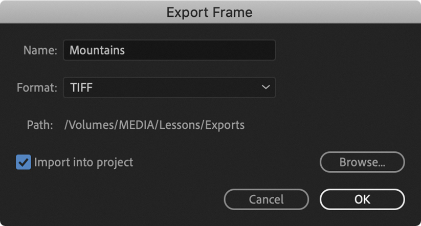 A screenshot of the Export Frame dialog box is shown.