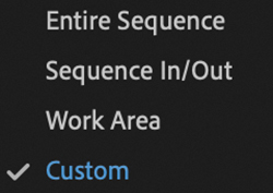 A screenshot of the Source Range menu is shown. The options listed are Entire sequence, Sequence in or out, Work area, and Custom. The custom option is selected.