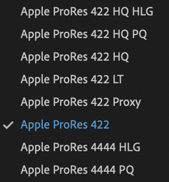 A screenshot of the Preset menu is shown. From the list of presets, the preset Apple ProRes 422 is selected.