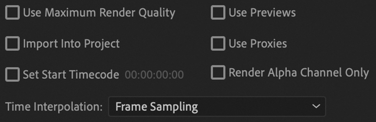 A screenshot of the options at the bottom of the Export settings dialog box to create a media file is shown.