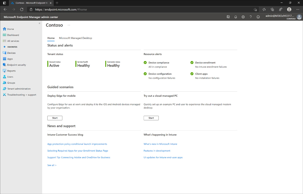 The Microsoft Endpoint Manager admin center home page has a main navigation menu on the left and displays the status and alerts related to various components of the service on the right.