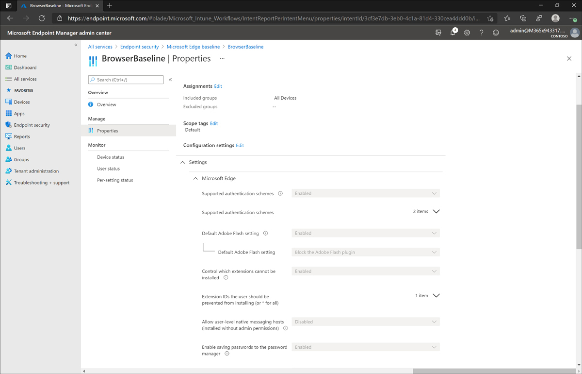 The Microsoft Endpoint Manager admin center displays the default properties of a security baseline configured for Microsoft Edge named BrowserBaseline.