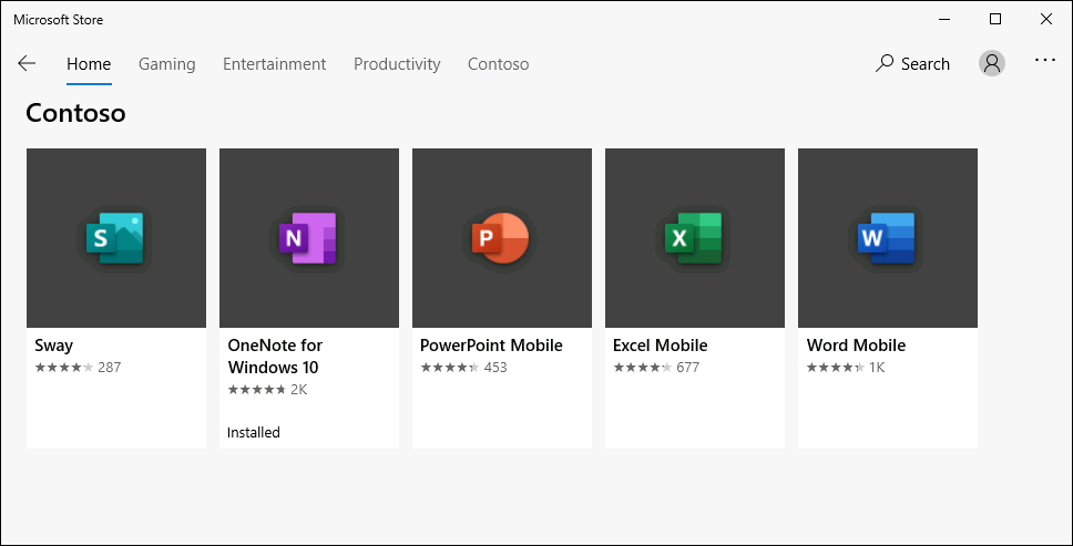 The business version of the Microsoft Store for the Contoso organization displays the apps that are available for users to install.
