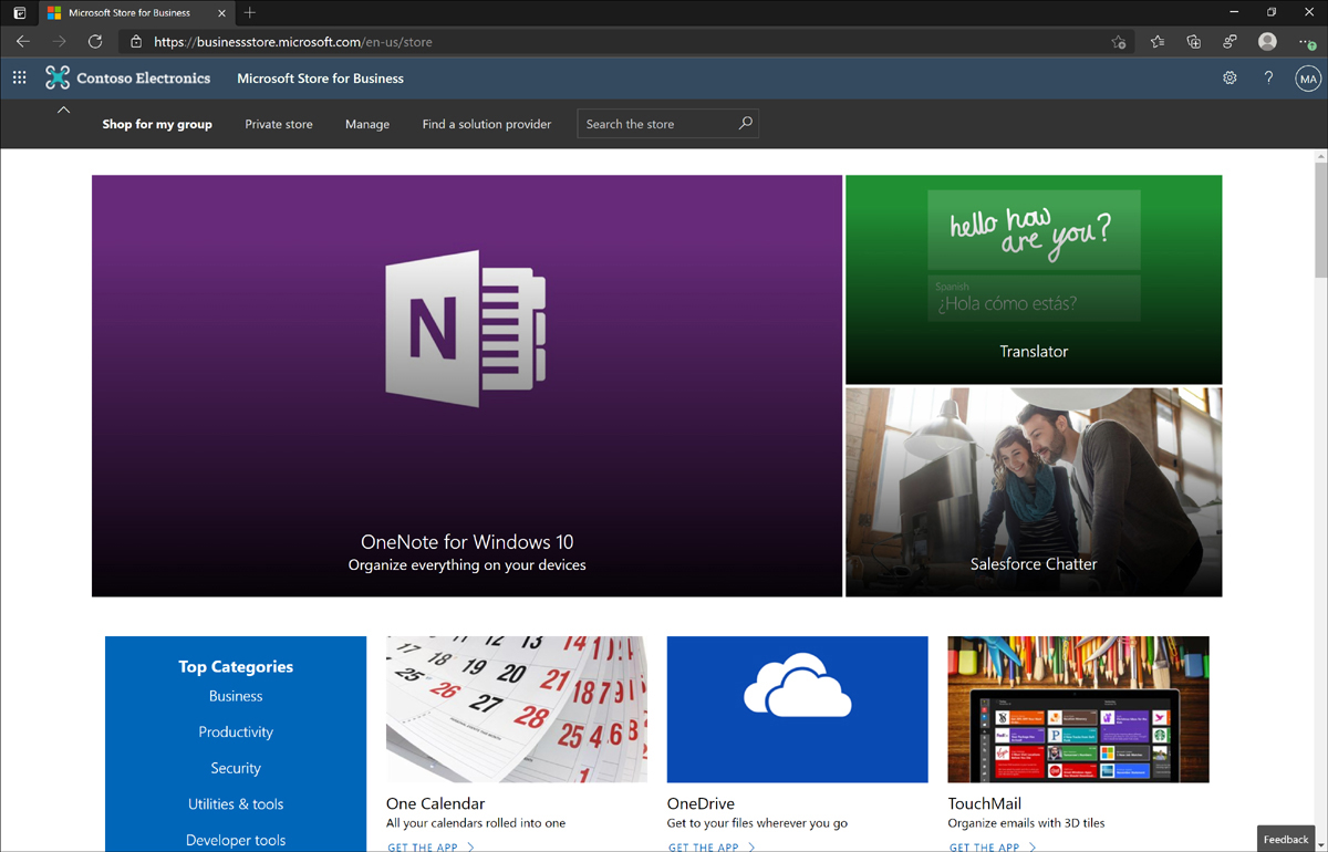 The Microsoft Store for Business portal for the Contoso Electronics organization is displayed.