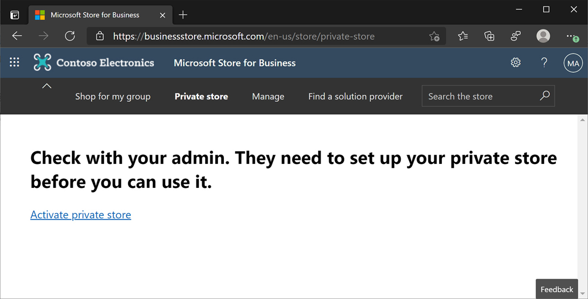 The Microsoft Store for Business displays the consent page before activating the private store.