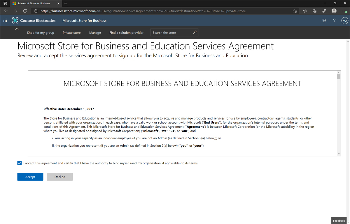 The Microsoft Store for Business and Education Services Agreement is displayed with the agreement check box enabled.