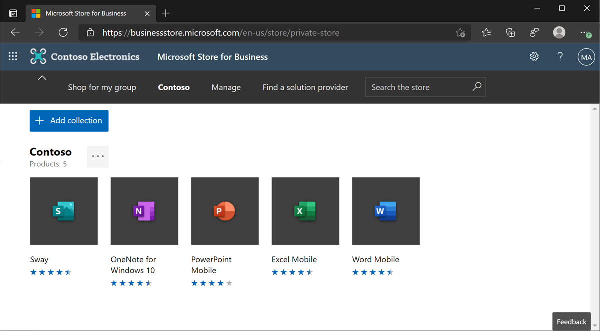 The Microsoft Store for Business web page displays the app collection available to the Contoso Electronics organization.