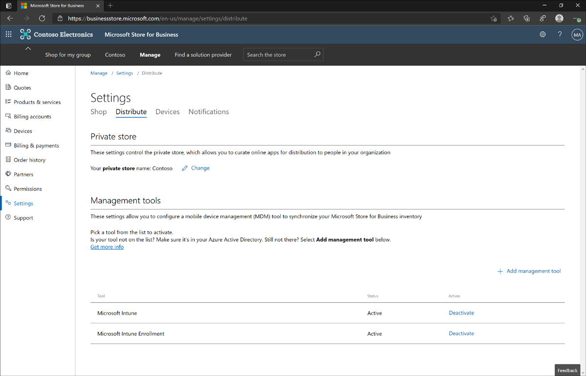 The Microsoft Store for Business Settings page displays private store name and management tool options.