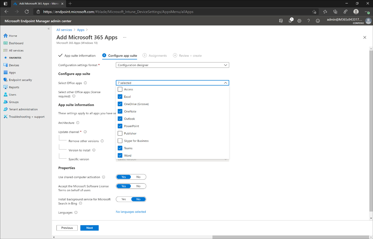 The Microsoft Endpoint Manager admin center displays an App Suite Configuration section that includes Office 365 apps.