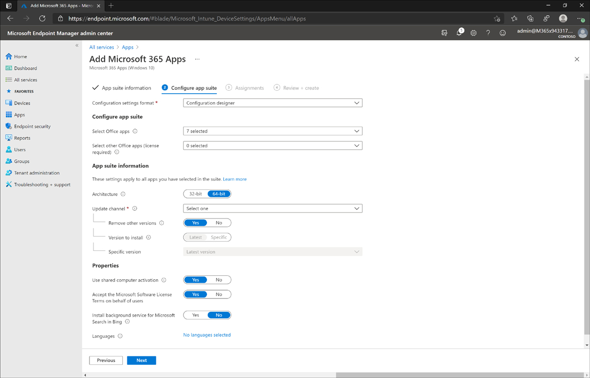 The Microsoft Endpoint Manager admin center displaying the app suite information and properties for an app suite definition.