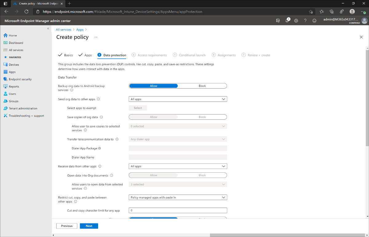 The Microsoft Endpoint Manager admin center displays the default data protection settings for an app policy.