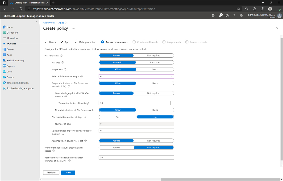 The Microsoft Endpoint Manager admin center displays the Access Requirements tab of the Create Policy screen with the default settings selected.