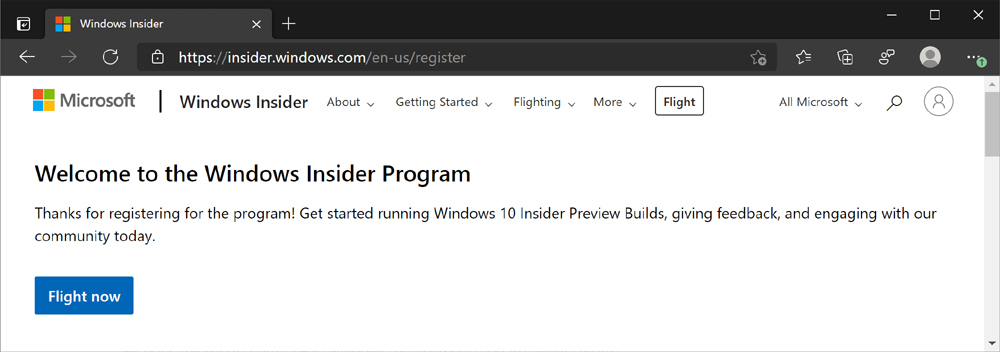 The Windows Insight Program web page is displayed with a Flight Now button to test Windows 10 insider builds.