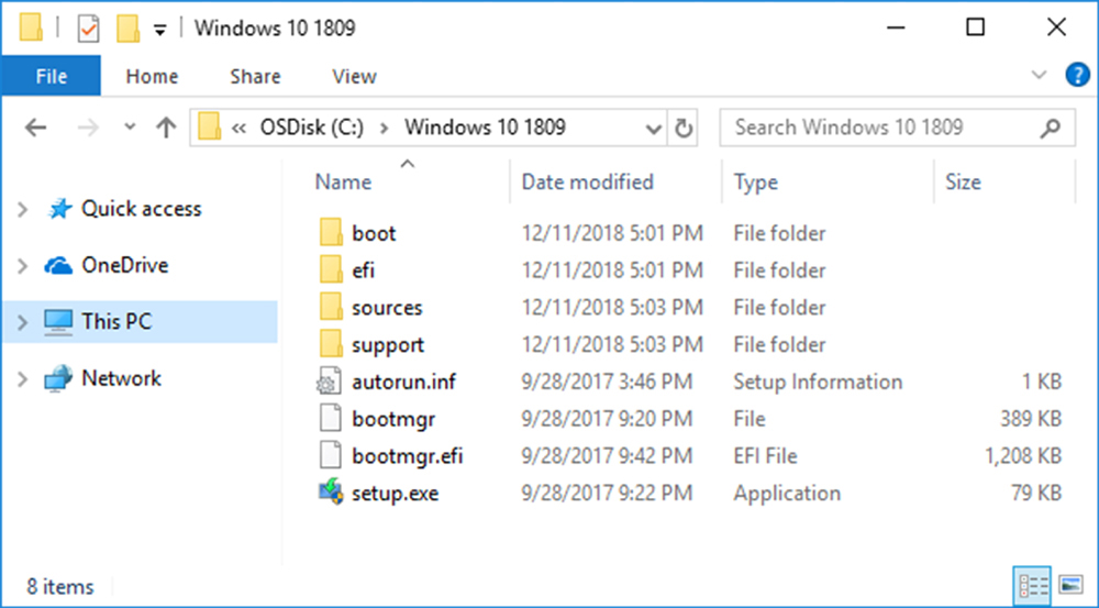 A folder displaying the installation media contents of the Windows 10 1809 release.