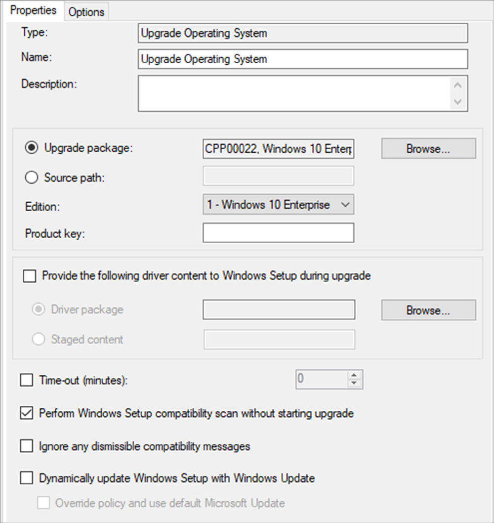 The Windows 10 Task Sequence is configured to upgrade the operating system with a Windows 10 Enterprise package selected.