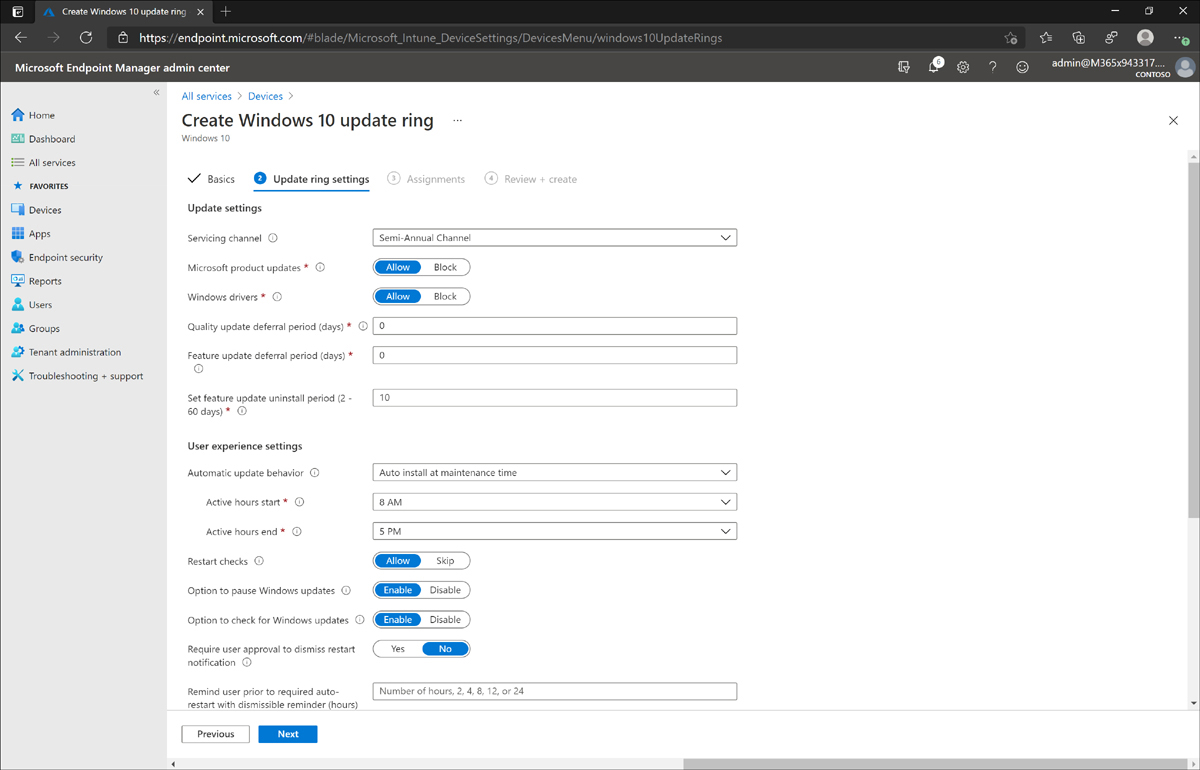 The Microsoft Endpoint Manager admin center displays the Update Ring Settings tab of a Windows 10 device update ring with the default settings configured.