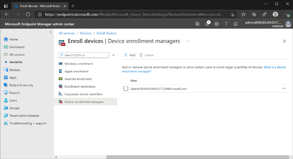 The Microsoft Endpoint Manager admin center displays the Device Enrollment Managers screen. There is one user configured as an enrollment manager.