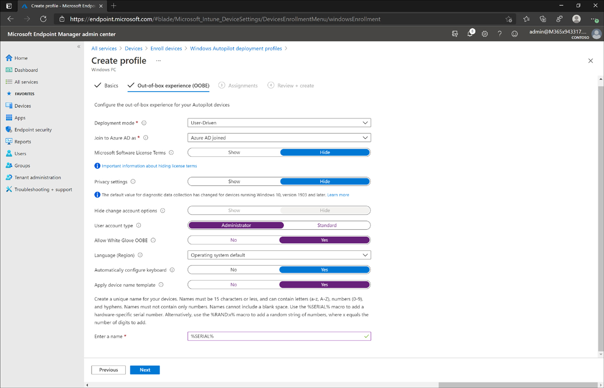 The Microsoft Endpoint Manager admin center displays the Out-of-Box Experience (OOBE) tab for creating a Windows PC device profile. The user account type is set to Administrator, white-globe OOBE is allowed, and Device Name Template is set to Yes. All other settings are set at their default.