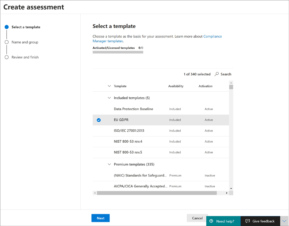 The Create Assessment wizard displays available assessment templates. Here, the EU GDPR template is selected.