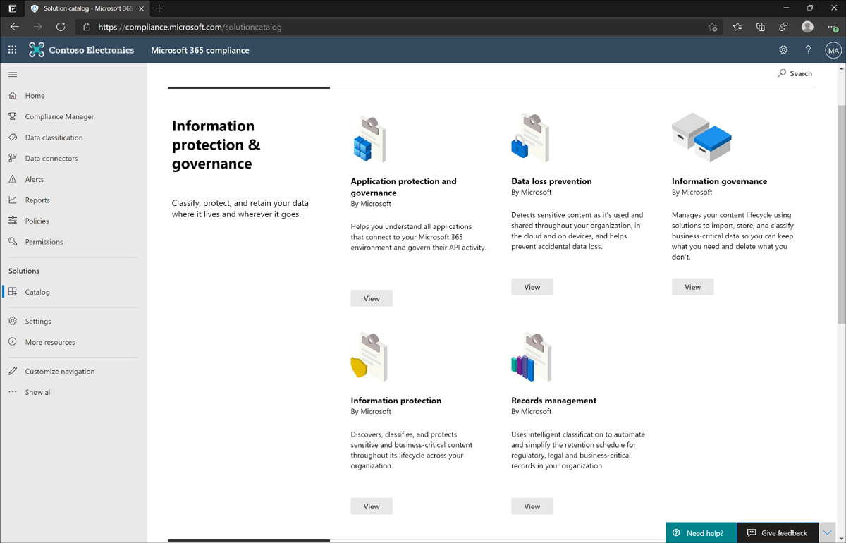 The Microsoft 365 compliance center solution catalog, which contains built-in solutions for information protection and governance. These include application protection and governance, data loss prevention, information governance, information protection, and records management.
