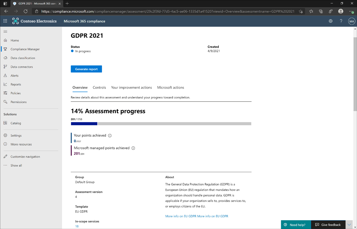 The Microsoft 365 Compliance Center displays an assessment named GDPR 2021. This assessment is still in progress. The page also includes a Generate Report button to summarize what the findings of the assessment.