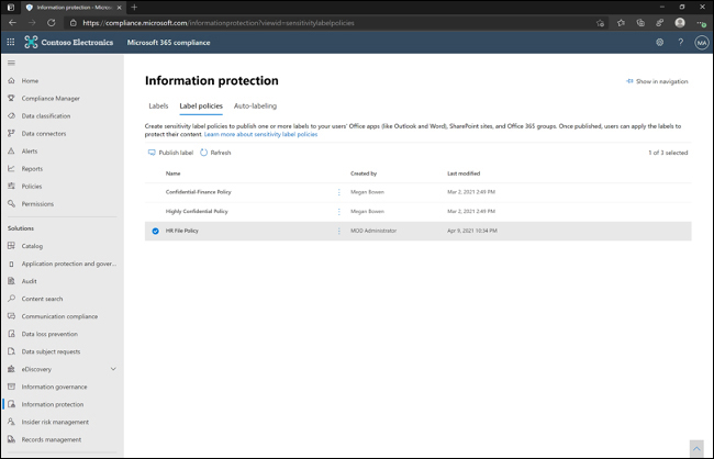 The Microsoft 365 compliance center displaying the Label Policies tab of the Information Protection page. There are three policies on this tab and the HR File Policy is selected.
