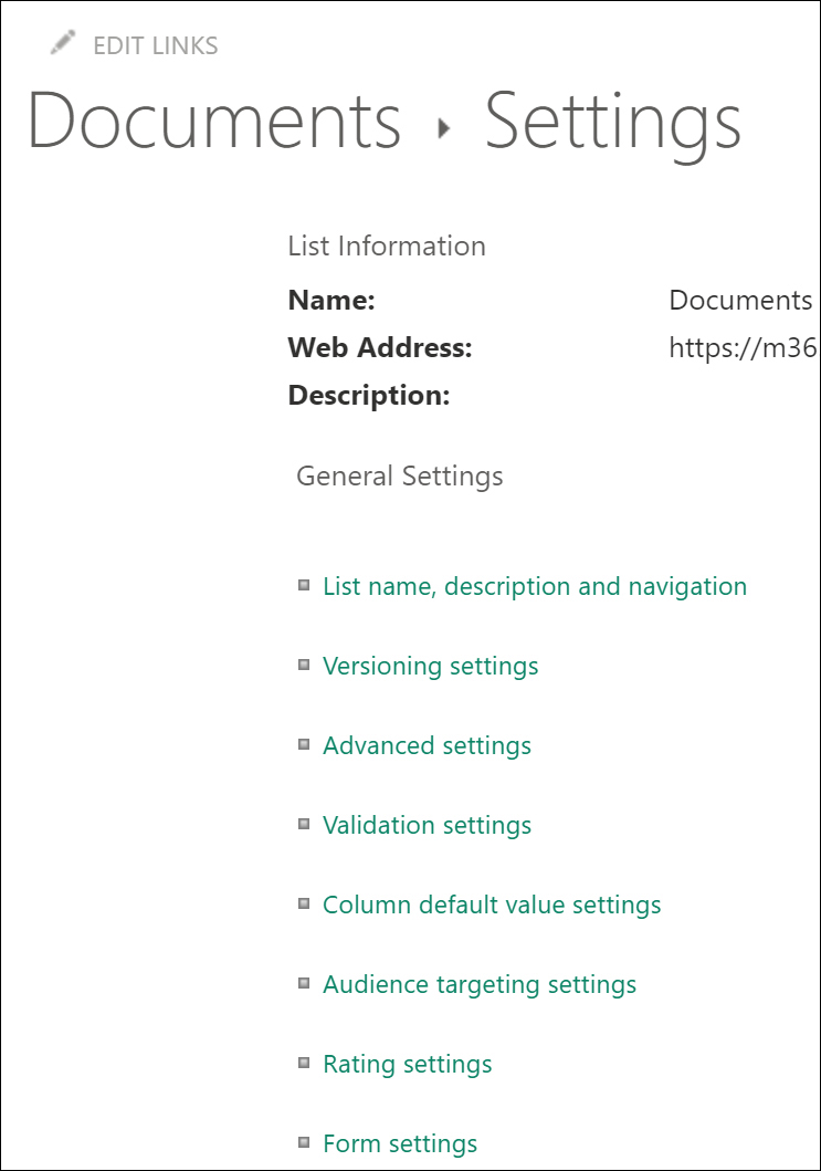 The list of settings for a Microsoft SharePoint document library is displayed.