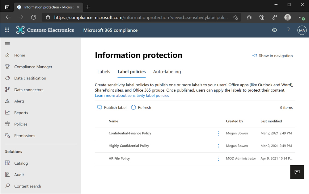 The Microsoft 365 compliance center displays the label policies for information protection. There are three policies defined for the organization.