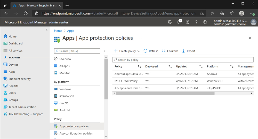 The Microsoft Endpoint Manager admin center displays the list of configured app protection policies. There are three configured policies, including the BYOD – WIP Policy that was just created.