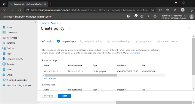 The Microsoft Endpoint Manager admin center displaying the Targeted Apps tab with the new app listed. This policy protects a specific version of Microsoft Word using the publisher and filename details.