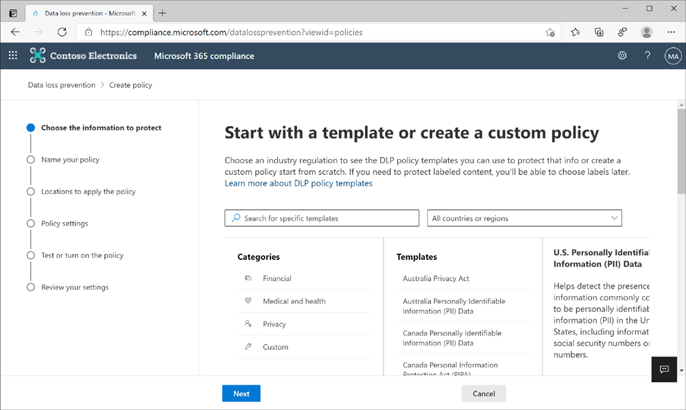 The Microsoft 365 compliance center wizard displays available templates for creating a DLP policy.