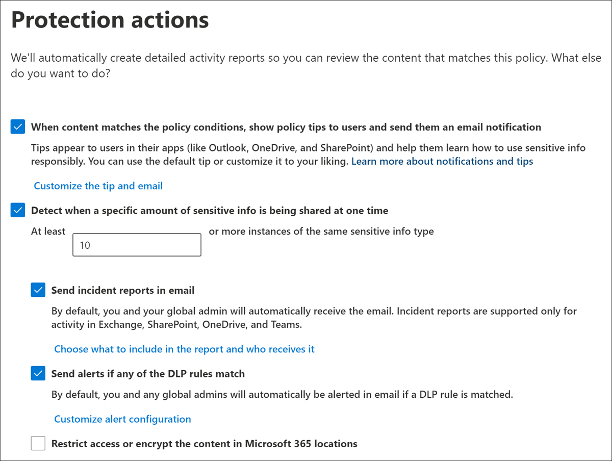 The Protection Actions page is displayed with most options enabled. These include showing policy tips, detecting at least 10 instances of sensitive types, and sending reports and alerts when a rule matches.