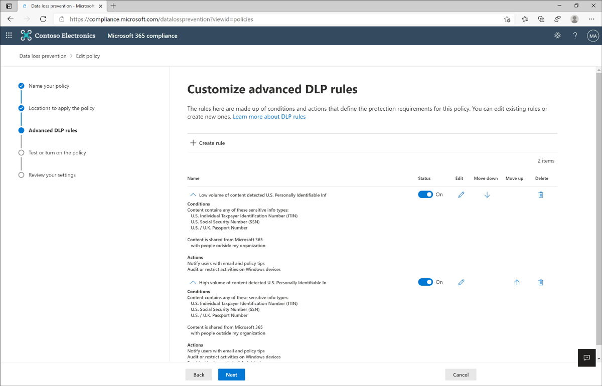 The Microsoft 365 compliance center displays the advanced DLP rules for policies that have been created. The rules for both low and high volume of PII are set to On.