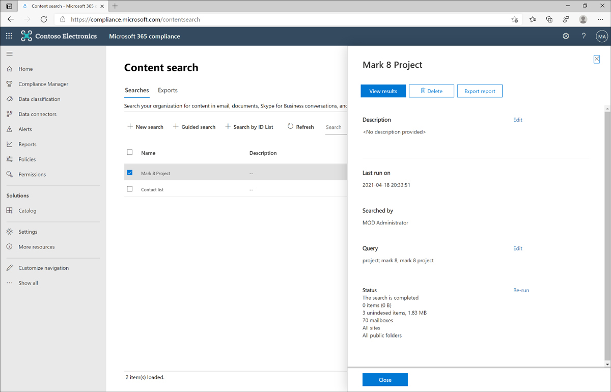The Microsoft 365 compliance center displays the Content Search results for a query. It also shows a panel containing export options.