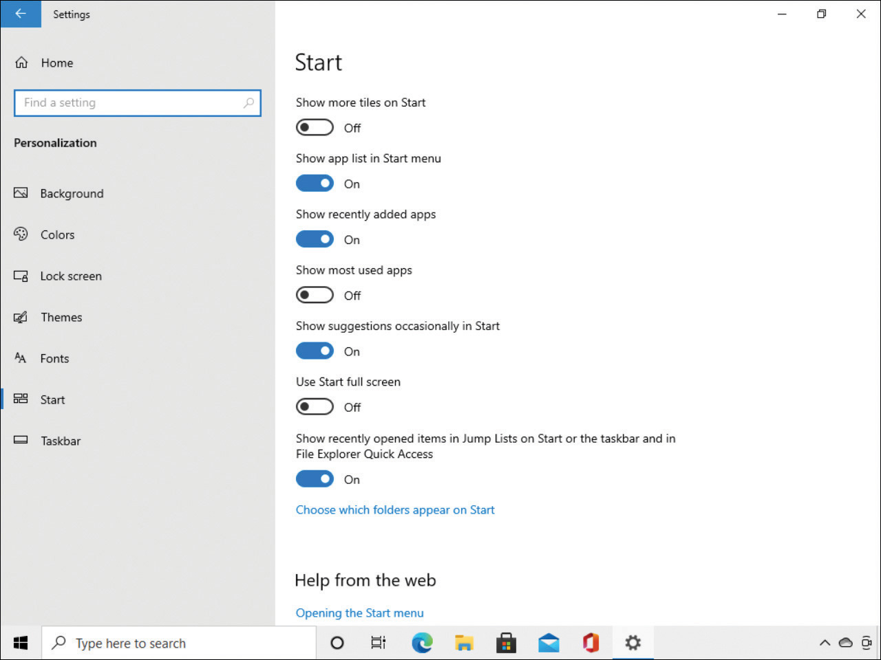 This screenshot shows the Settings App with the Personalization setting selected. On the right side of the screen, the options for configuring the Start menu settings is listed including Show More Tiles On Start (Off), Show App List In Start Menu (On), Show Recently Added Apps (On), Show Most Used Apps (Off), Show Suggestions Occasionally In Start (On), Use Start Full Screen (Off), and Show Recently Opened Items In Jump Lists On Start Or The Taskbar (On). Below these options is a link to choose which folders appear on Start.