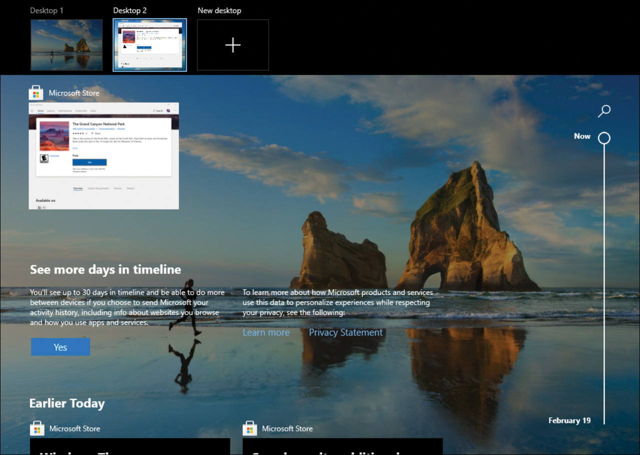 This screenshot shows the Task View feature being used to manage multiple desktops. At the top of the screen Desktop 1 and Desktop 2 are shown as small images (with Desktop 2 selected). To the right of these is a plus sign underneath the words New Desktop. In the main section of the screen there is a background picture of a lady running along a beach at the edge of the water with rugged cliff stacks rising from the sea. Overlaid on top of this image is a larger image of Desktop 2.