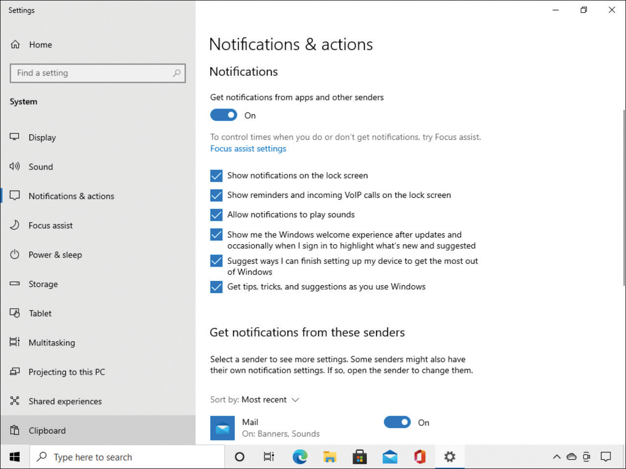 This screenshot shows the Notifications and Actions section of the Settings App. On the right side of the screen the options for configuring Notifications are listed. The Get Notifications option is set to On. Underneath checkboxes for Show Notifications on the Local Screen, Show reminders, Allow Notifications to Play Sound, Show Me the Windows Welcome Experience, Suggest Ways I can Finish Setting up my Device to Get the Most out of Windows and Get Tips and Tricks are all selected. 